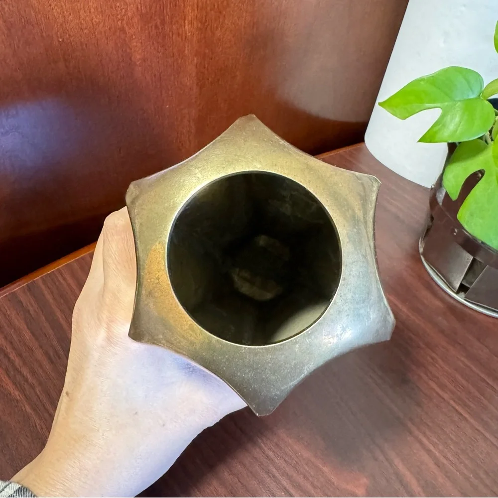 Vintage Solid Brass Hexagonal Faceted Decorative Flower Vase 7.25” Made In India